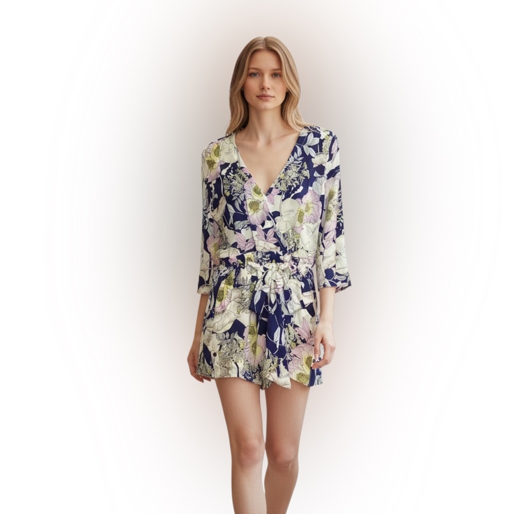 Yumi Kim Floral V-Neck Romper in Navy, Pink & Cream